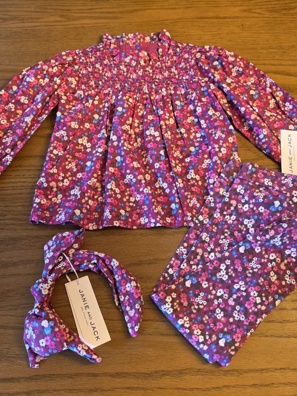 Janie and Jack Pink Floral Smocked Top with Matching Pants and Headband